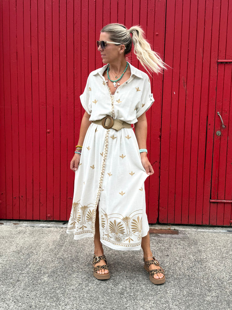 Fan embroidered shirt dress