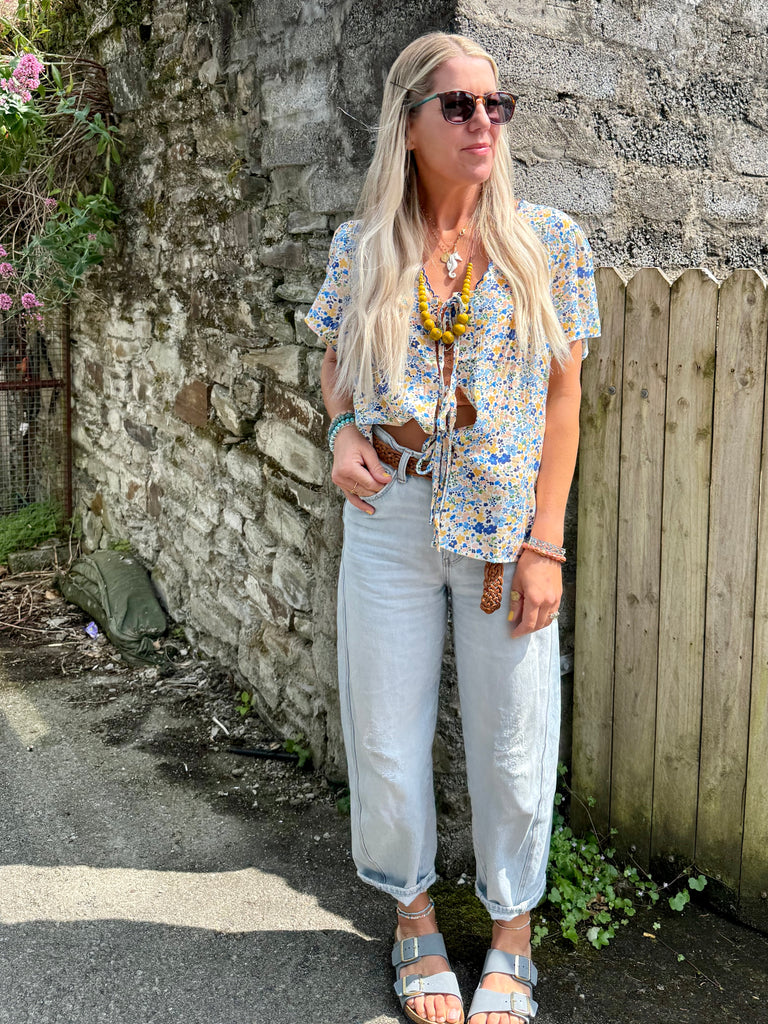 Blue floral tie blouse
