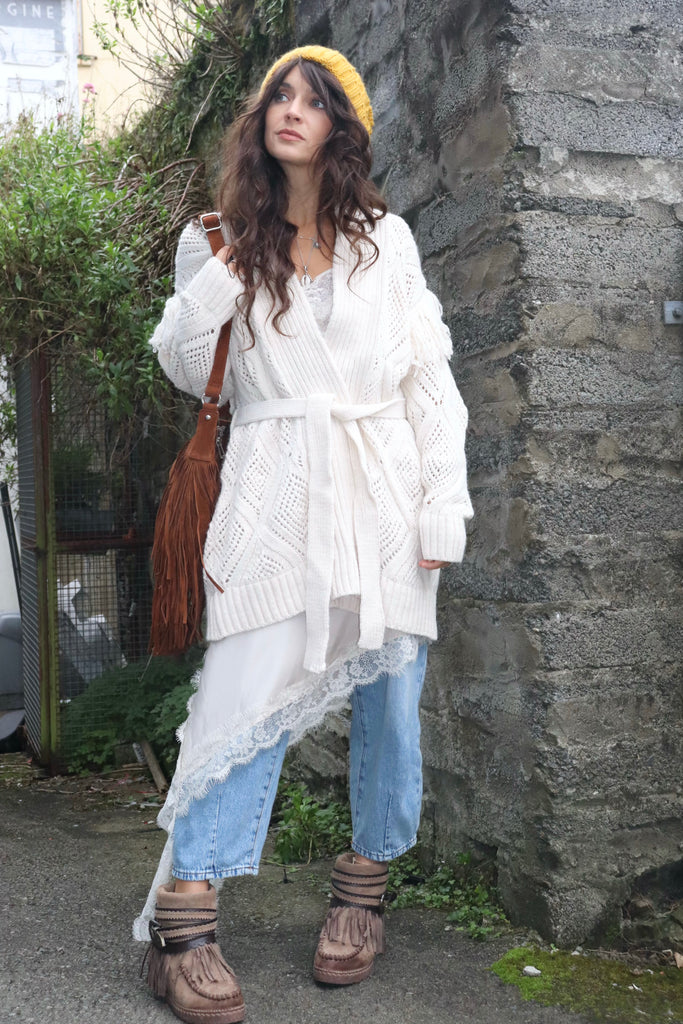 Fringe cable knit cardigan