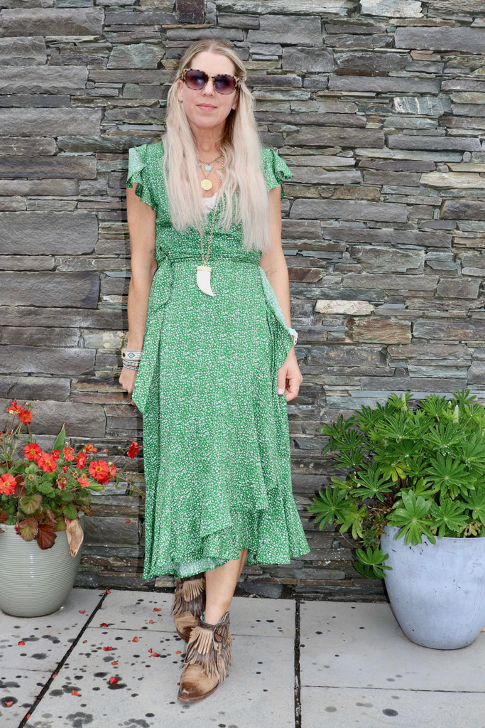 Green floral frill wrap dress
