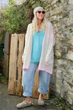 Pink whipstitch and cream cardigan