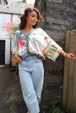Teal floral silky blouse