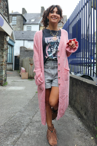 Pink button up long cardigan