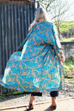 Blue floral long silky kimono