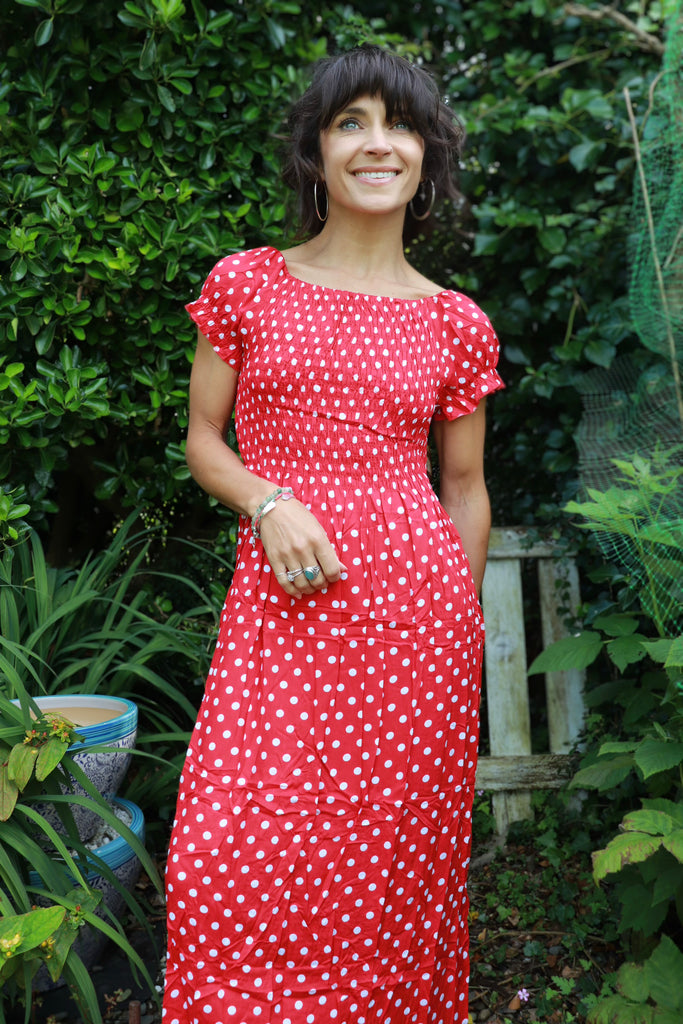 red polka dot bardot dress Red And White Polka Dot Bardot Style Mini Dress AX Paris