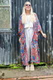 Red and teal long silky floral kimono