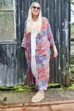 Red and teal long silky floral kimono