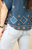 Deep blue embroidered button up blouse