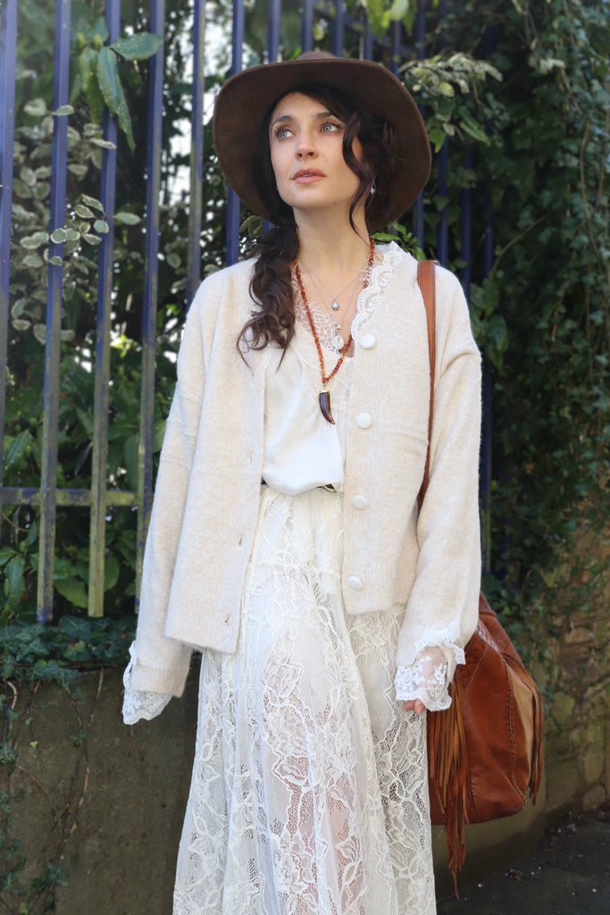 Lace trim beige cardigan