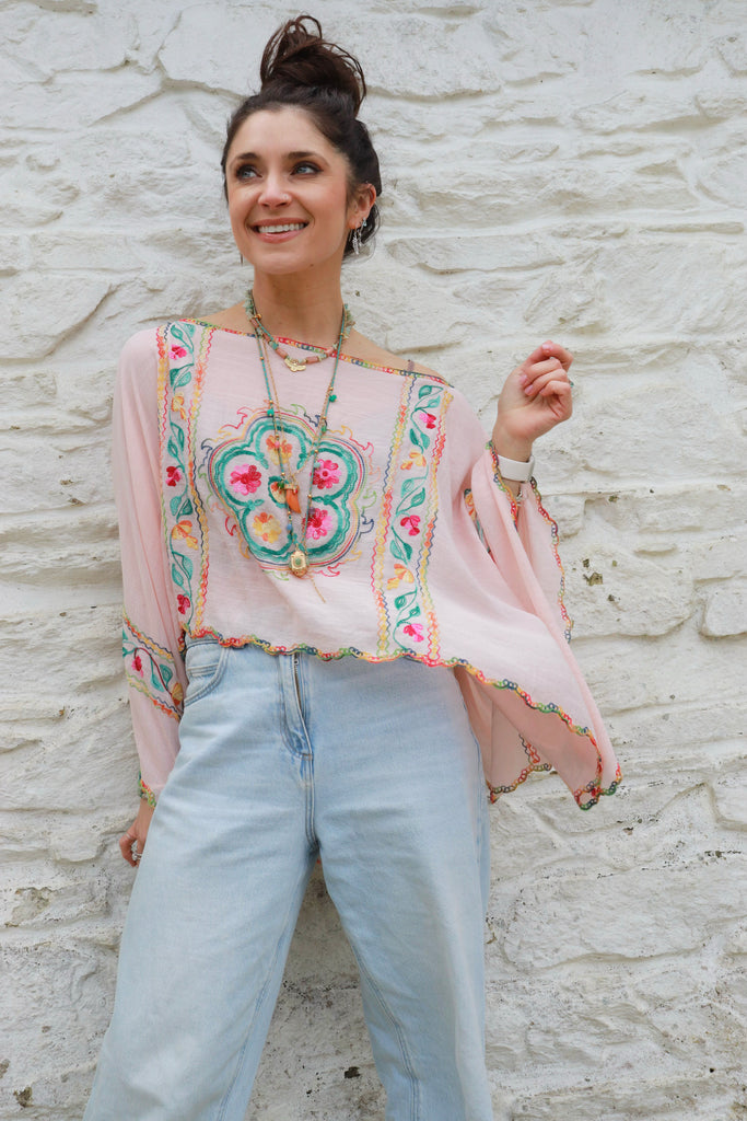 Floral embroidered pink poncho top