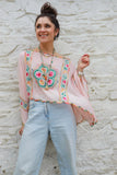 Floral embroidered pink poncho top