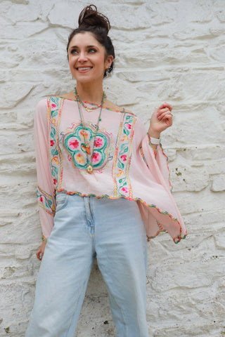 Floral embroidered pink poncho top