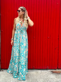 Turquoise and peach silk floral dress