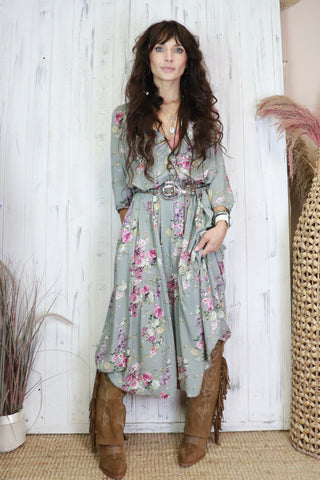 Faded floral sage green dress