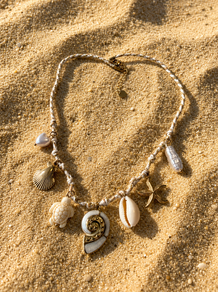 Fossil shell charm woven necklace