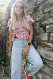 Pink floral shirred blouse