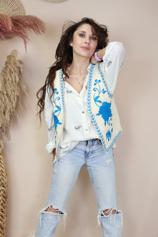 Floral embroidered waistcoat.  (Blue and white)