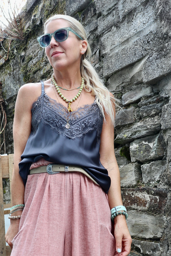 Lace trim silky cami (dark grey)