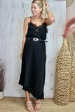 Asymmetrical lace trim long dress (Black)