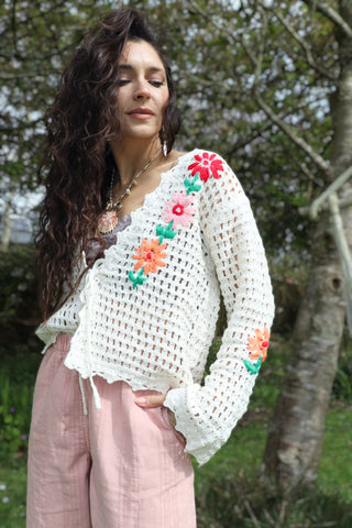 Open knit floral crochet cardigan