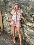 Coral striped crochet trim top