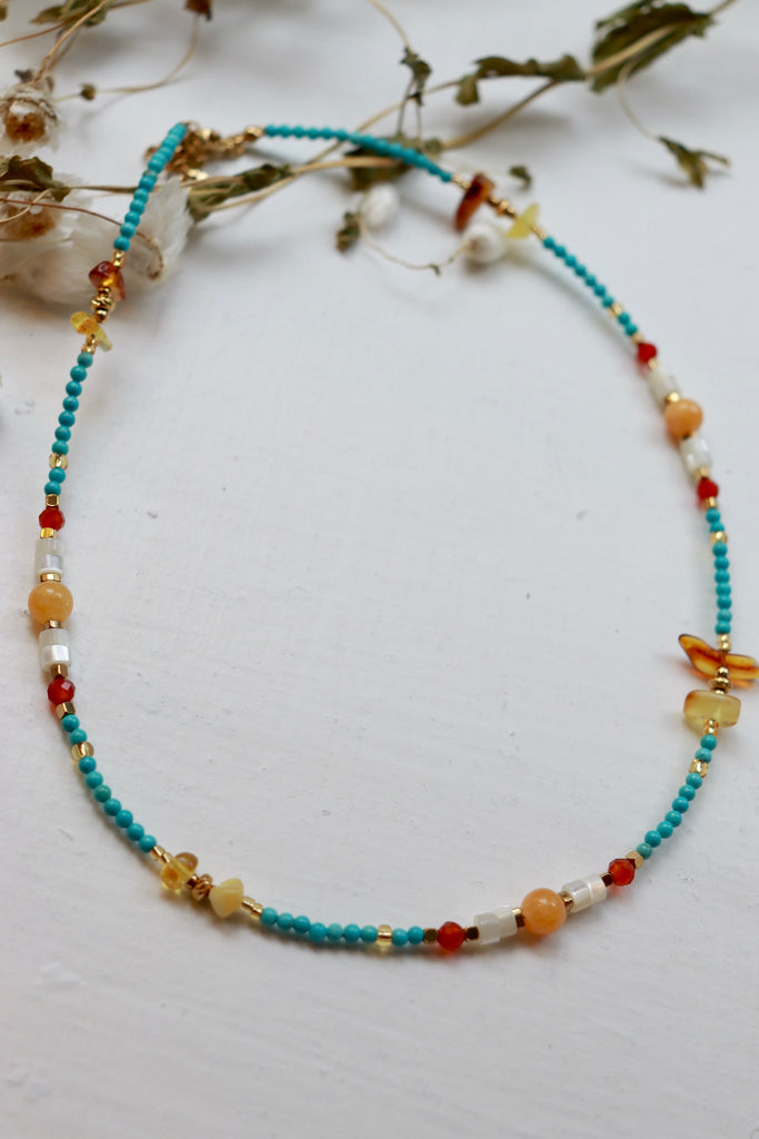 Blue and amber beaded necklace
