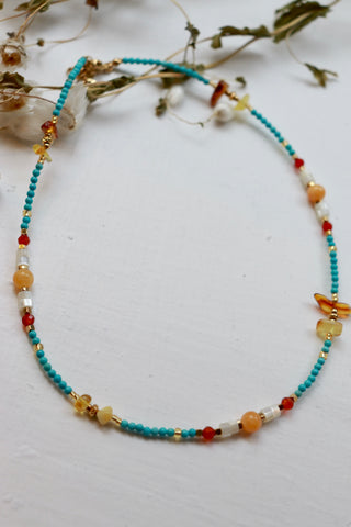 Blue and amber beaded necklace