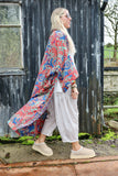 Red and teal long silky floral kimono