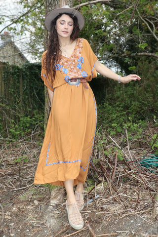 Floral embroidered ochre dress