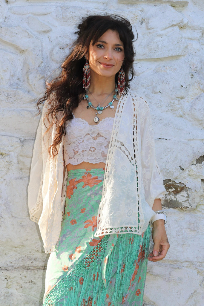 Crochet and embroidered kimono