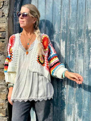 Colourful patchwork and stripe cardigan