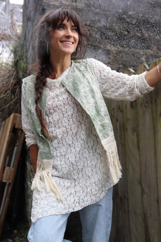 Floral embroidered fringe waistcoat