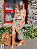 Peach and turquoise floral skirt