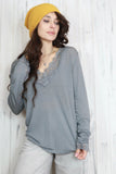 Lace trim long sleeve v neck tee