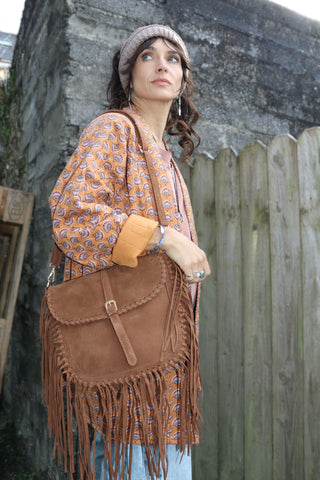 Fringe faux suede hand bag