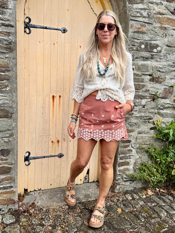 Rust embroidered skort