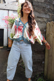 Teal floral silky blouse