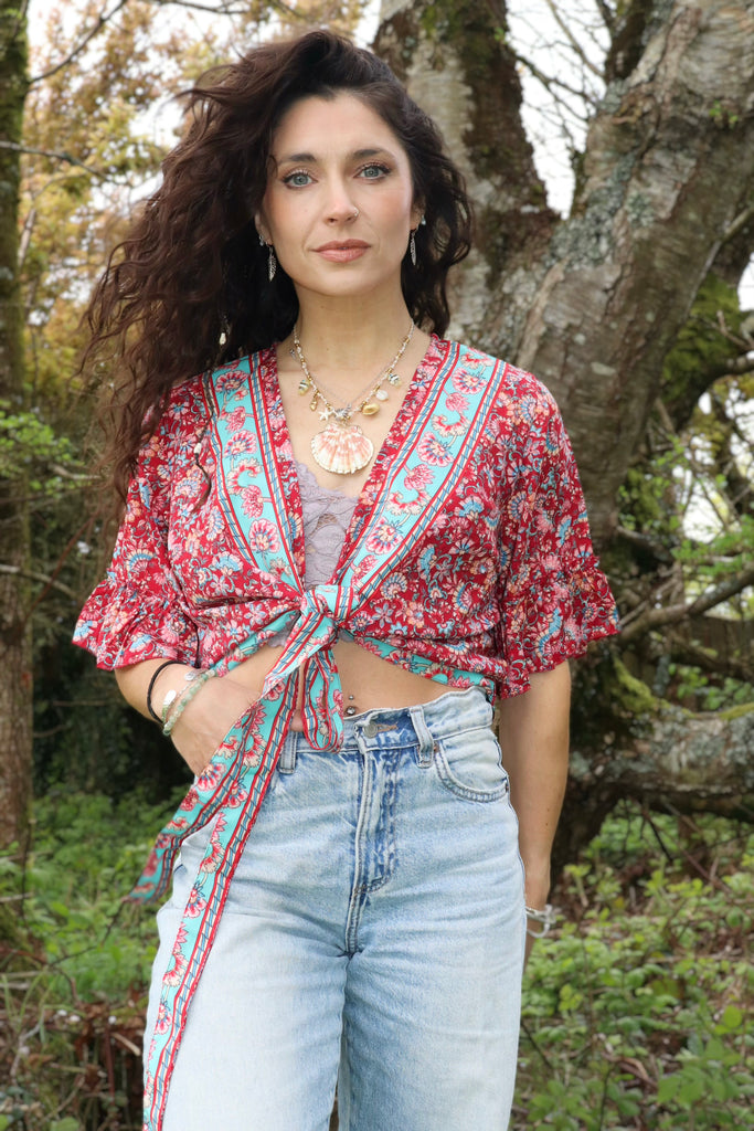 Red floral wrap top