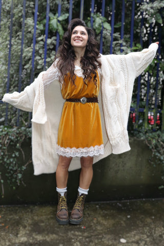 Lace trim velvet cami dress (Mustard)