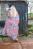 Red and teal long silky floral kimono