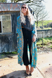 Blue floral long silky kimono
