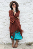 Earth toned fringe knit kimono