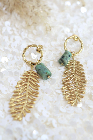 Turquoise stone leaf Hoops (Gold)