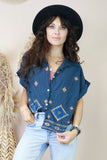 Deep blue embroidered button up blouse