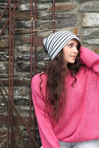 White and black striped beanie