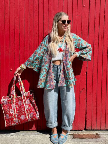 Coral border floral kimono
