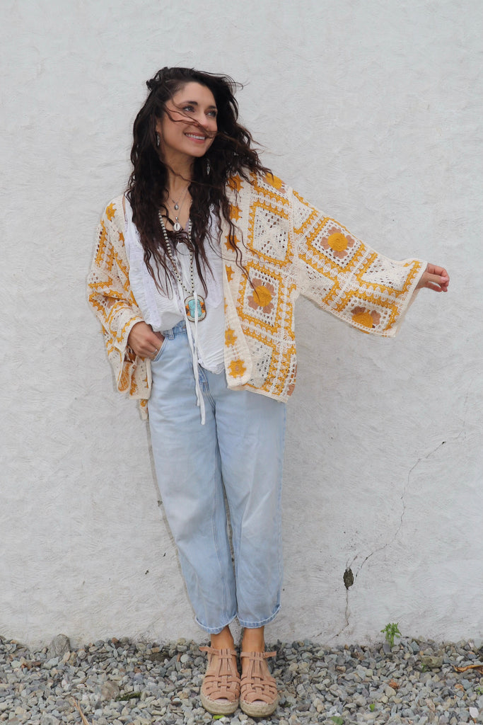 Mustard crochet knit kimono