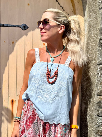Blue embroidered scalloped cami