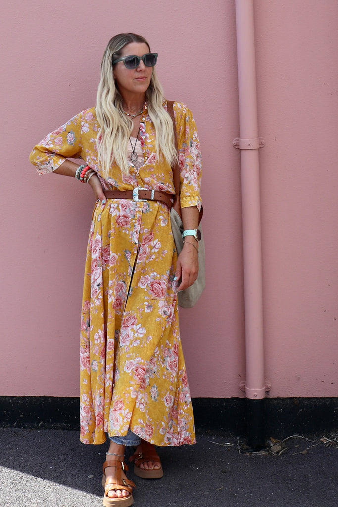 Floral mustard shirt dress