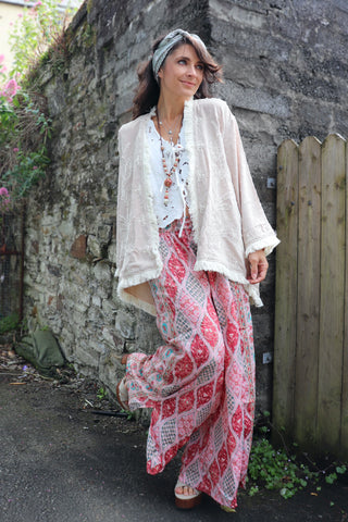 Embroidered frayed trim kimono